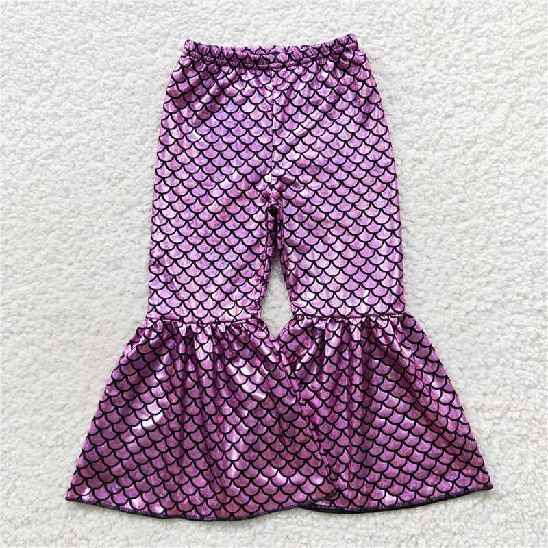 P0249 Baby Girls Purple Mermaid Scale Holographic Spandex Bell Bottom Pants