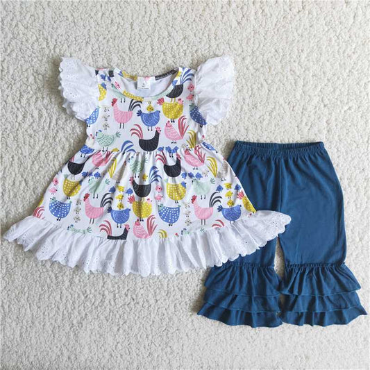 A14-1 Rooster and hen lace cuffs short-sleeved blue pants