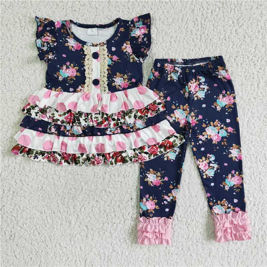 A13-15 Purple multi-layer lace button-down cropped trousers set