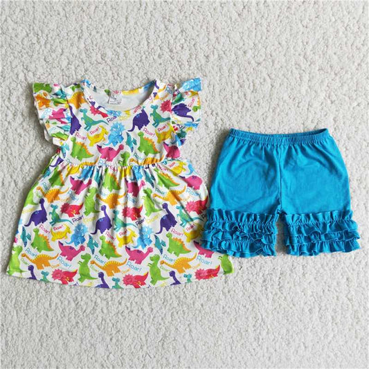 Colorful dinosaur ruffles shorts set