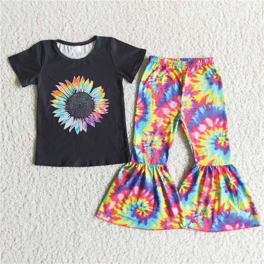 A6-24 Sunflower black short-sleeved colorful flared pants