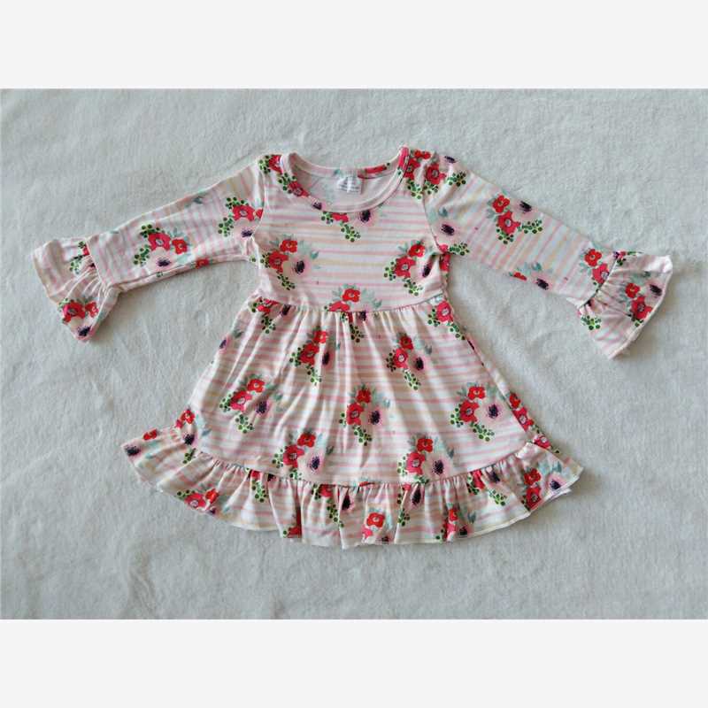 9.15 RTS NO MOQ （In stock）G4-14/ Baby Girls Winter Dress Baby Girls long sleeve Red flower stripes knee-length Dresses