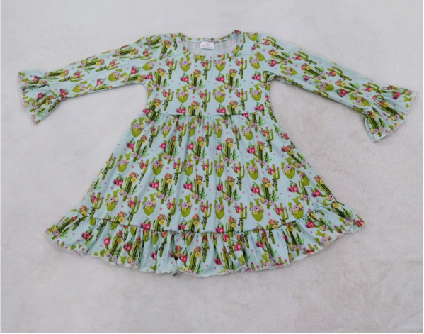 9.23 RTS NO MOQ（In stock）G2-16-2/. Baby Girls Winter Dress Cactus Flower Light Green Lace Long Sleeve Dress