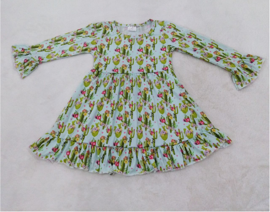 9.23 RTS NO MOQ（In stock）G2-16-2/. Baby Girls Winter Dress Cactus Flower Light Green Lace Long Sleeve Dress