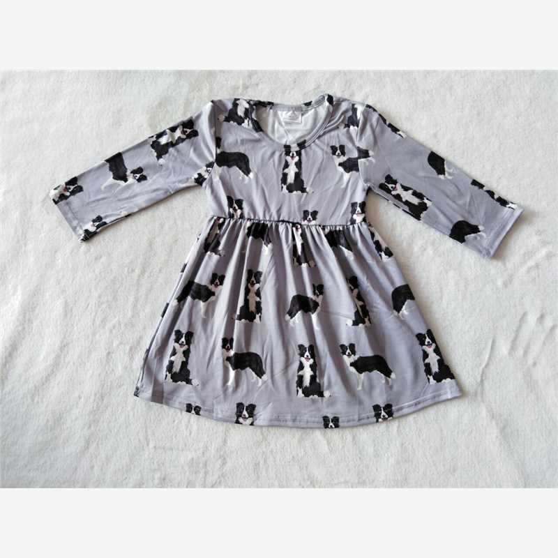 9.19 RTS NO MOQ（In stock）G3-4-4/.. Baby Girls Winter Dress Pug Grey Long Sleeve Dress