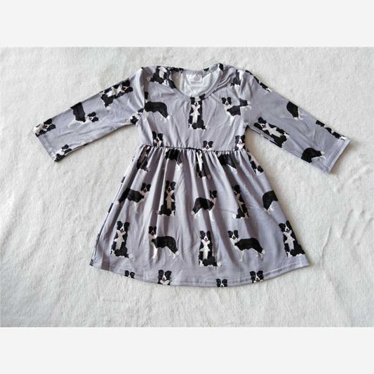 9.19 RTS NO MOQ（In stock）G3-4-4/.. Baby Girls Winter Dress Pug Grey Long Sleeve Dress