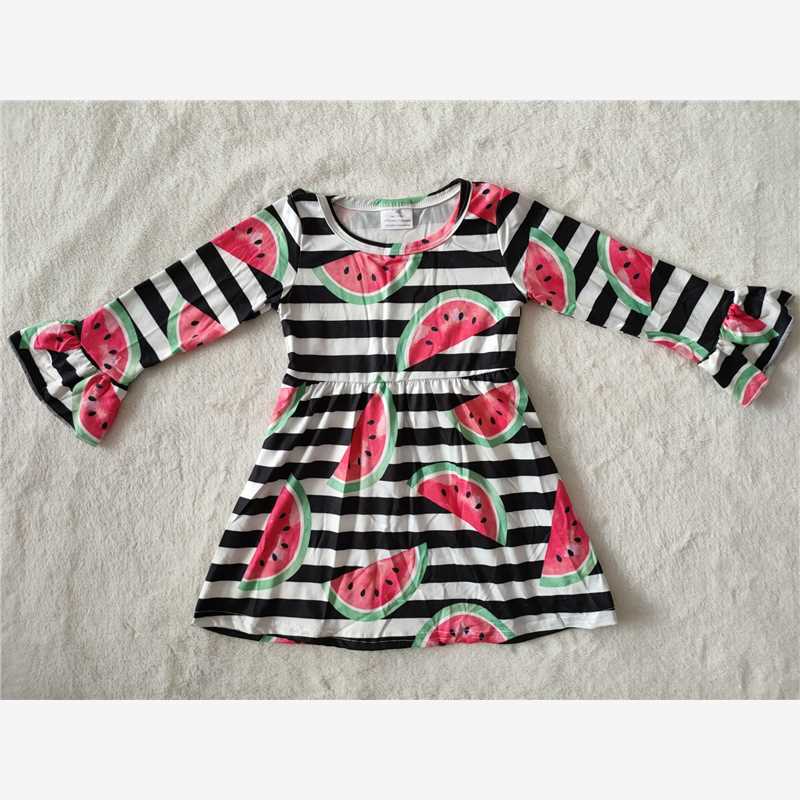 9.18 RTS NO MOQ（In stock）G2-24-1] Baby Girls Winter Dress Black striped watermelon long-sleeved dress
