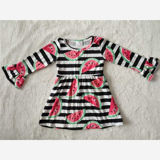 9.18 RTS NO MOQ（In stock）G2-24-1] Baby Girls Winter Dress Black striped watermelon long-sleeved dress