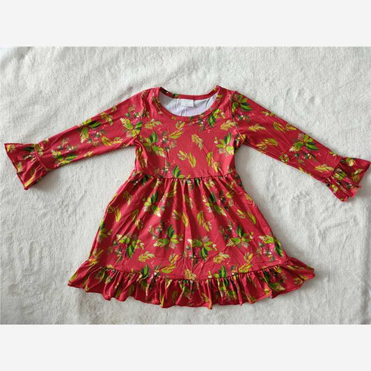 9.17 RTS NO MOQ（In stock）G2-24-3; Baby Girls Winter Dress Baby Girls green leaves red knee-length Dresses