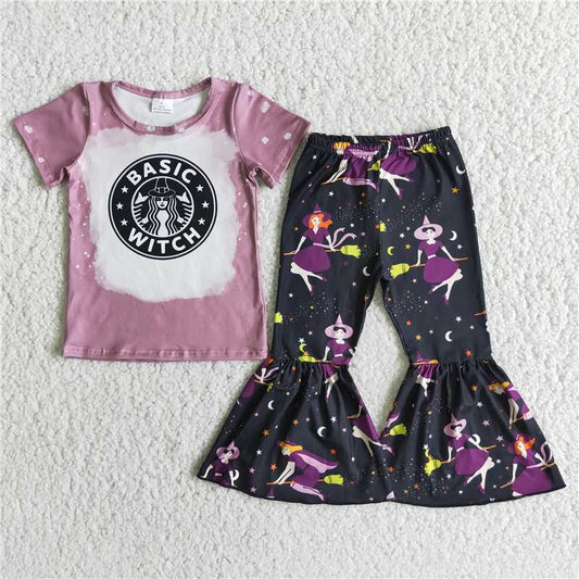 C6-6 Girls' deer army green short-sleeved top with maple leaf flared pants