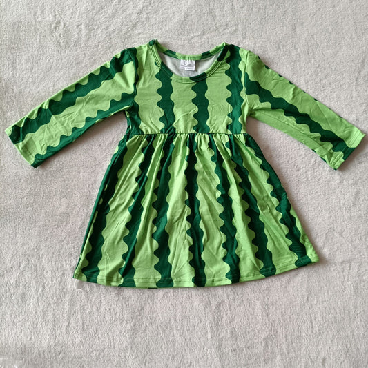9.16 RTS NO MOQ （In stock）G3-16-6】.. Baby Girls Winter Dress Baby Girls Green Watermelon Stripes knee-length Dresses
