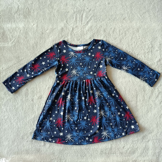 9.20 RTS NO MOQ（In stock）G3-16-2`` Baby Girls Winter Dress Star navy blue long-sleeved dress
