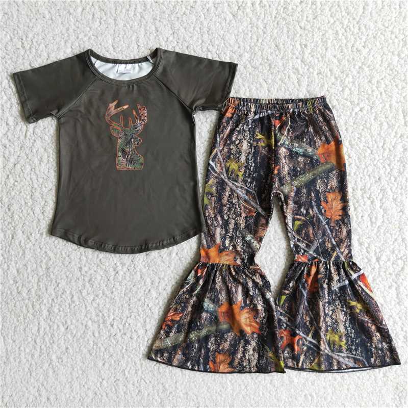 C6-6 Girls' deer army green short-sleeved top with maple leaf flared pants