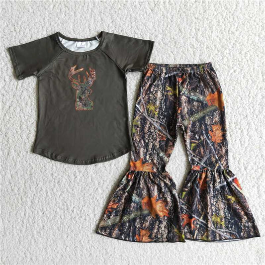 C6-6 Girls' deer army green short-sleeved top with maple leaf flared pants