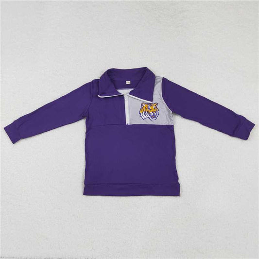10.14 RTS NO MOQ （In stock）G6-19-2；。， Baby Boys Long Sleeve Top Tiger head purple long-sleeved top