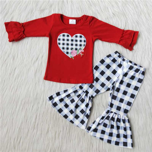 12.13 RTS NO MOQ （In stock）6 B11-36 Baby girls Valentines Hearts plaid bell bottom pants sets
