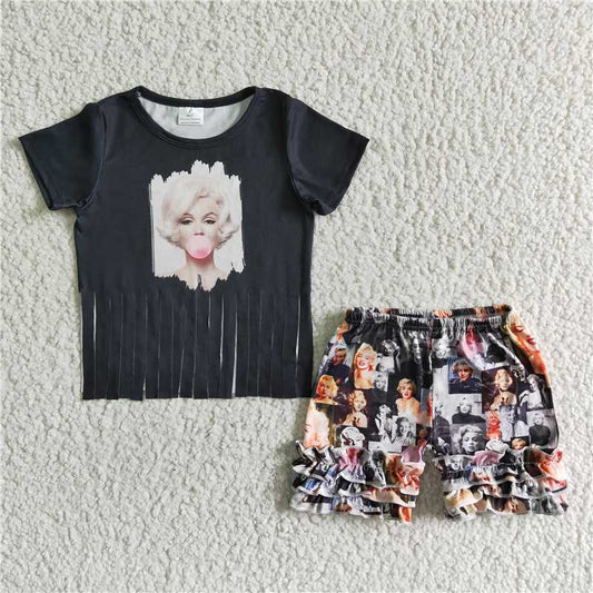 Black tassels T-shirt singer ruffles Shorts sets