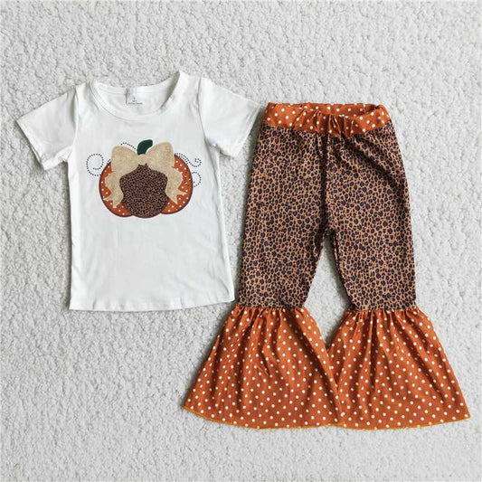 C10-14 Pumpkin bow top with leopard print polka dot flared pants
