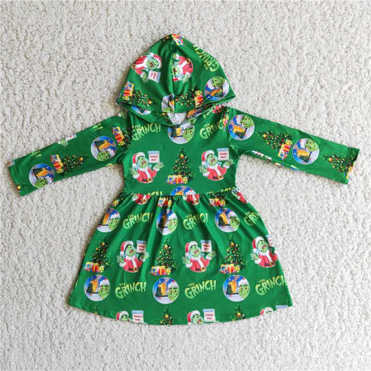 6 B10-24  Cartoon Christmas green Hoodie dress