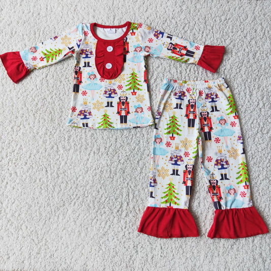 6 C7-5 Girls Christmas tree button red cuffs guard pajama set