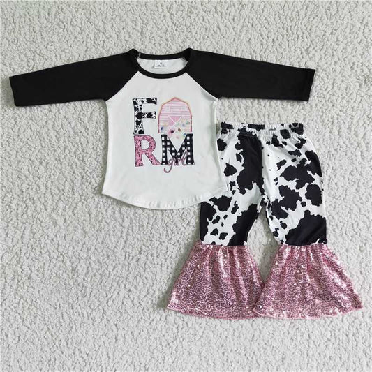6 A6-15Farm print shirt pink sequin bell bottom pants girls outfits