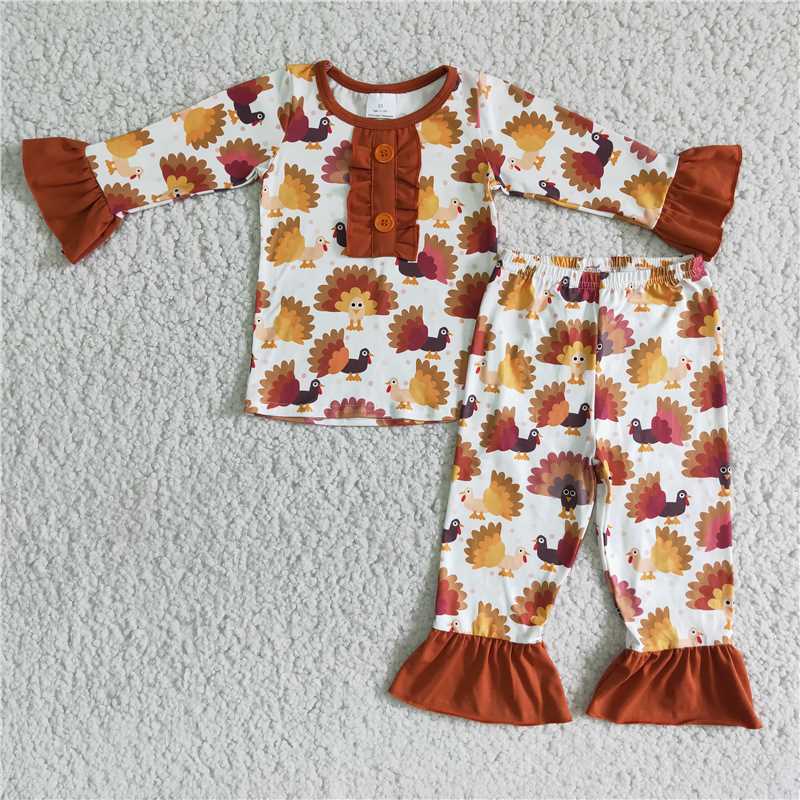 6 A8-13Turkey print girls Thanksgiving pajamas