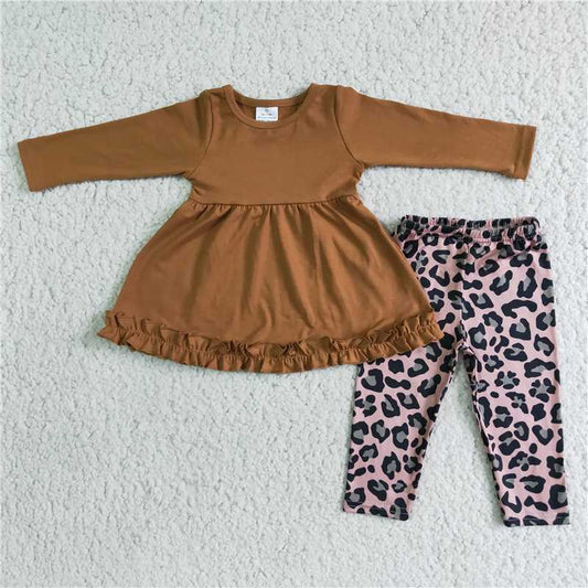 6 B6-21Brown sollid tunic leopard leggings girls boutique clothing