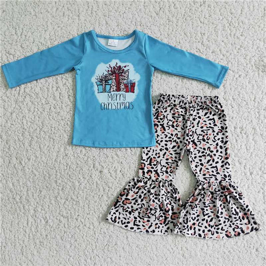 6 B6-36 Christmas gift blue long-sleeved leopard print flared pants suit