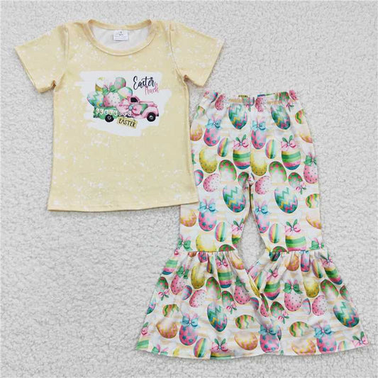 E10-13  Baby Girls easter tractor eggs cute bell pants sets