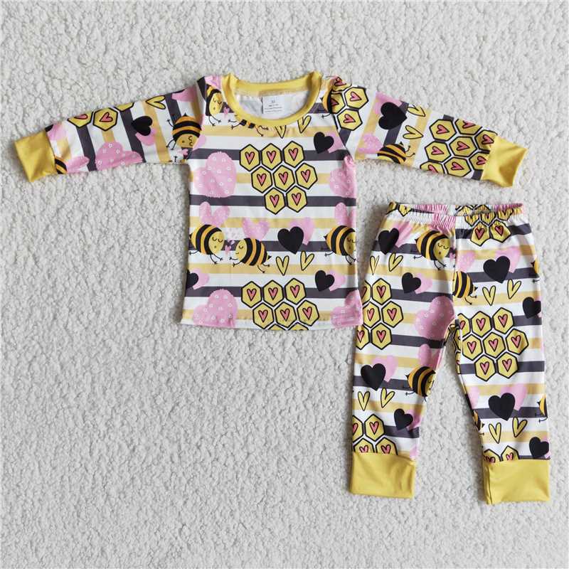 12.15 RTS NO MOQ （In stock）6 C10-36 Baby girls honey bee cute Valentines long sleeve pants pajamas sets