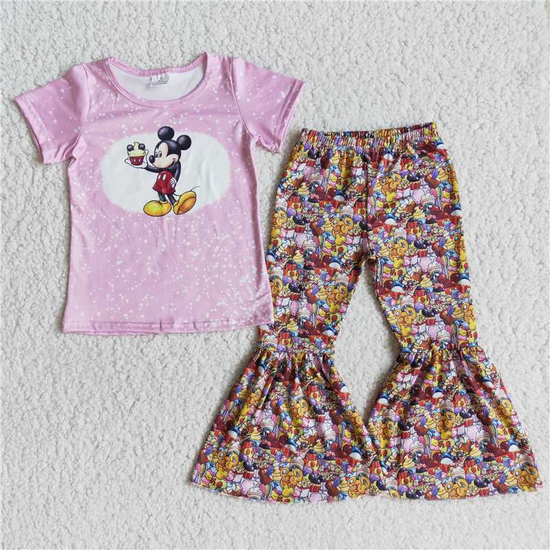 E11-11   Baby girls cartoon pink bell bottom pants sets