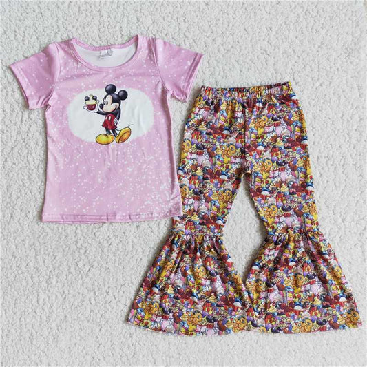 E11-11   Baby girls cartoon pink bell bottom pants sets