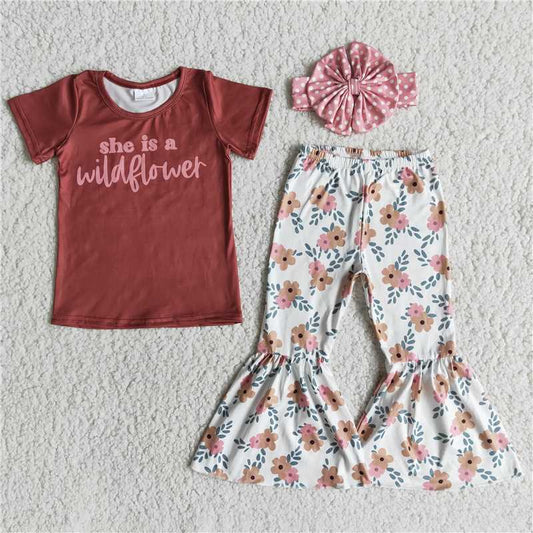 E13-30 She is a wild flower baby girls bell outfits clothing sets-(can choose bow here)