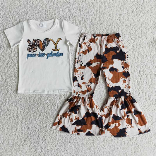 E11-13 Baby Girls Singer short sleeve shirt cow print bell pants wester outfits clothing sets