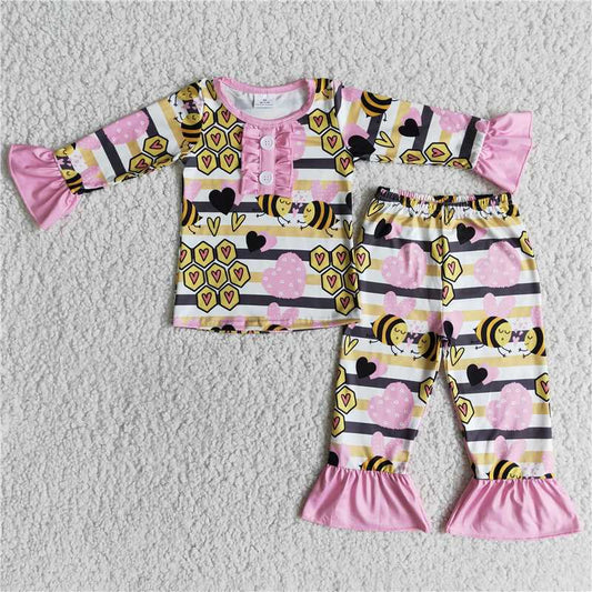 12.15 RTS NO MOQ （In stock）6 A31-2 Baby Girls Valentines honey bee ruffle pajamas sets