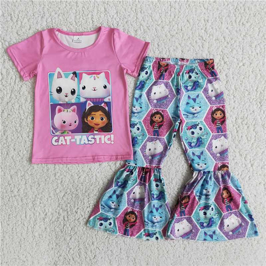 B14-11 Baby girls cat cartoon pink color bell bottom pants clothing sets