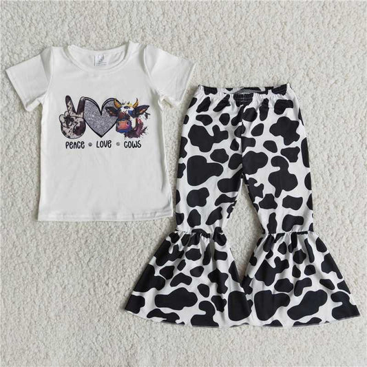 E12-26 Baby girls peace love cows bell bottom pants sets