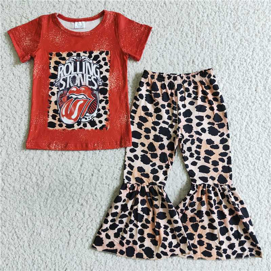 B0-1   B0-12Baby girls baseball short sleeve shirt bell bottom pants red clothing sets