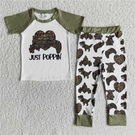 E12-16 Boys Valentine's Day Dinosaur Short Sleeve Long Pants Set