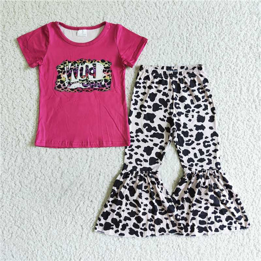 B7-30 Baby girls wild one cow print western bell pants clothing sets