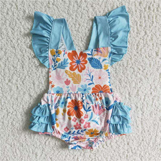 SR0037  Baby girls green floral bubble ruffle rompers