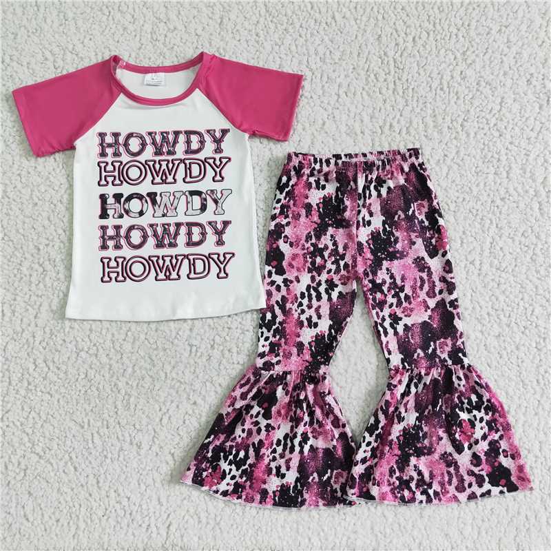 GSPO0018 Howdy pink short-sleeved cow pattern flared pants