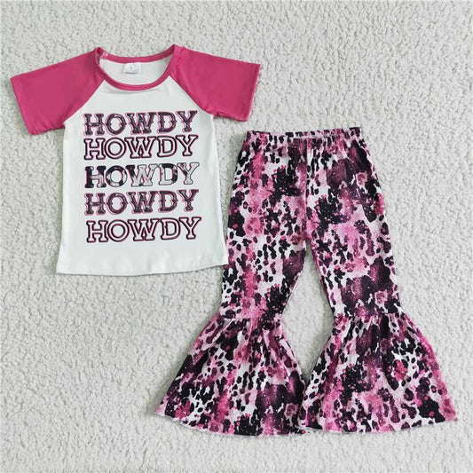 GSPO0018 Howdy pink short-sleeved cow pattern flared pants
