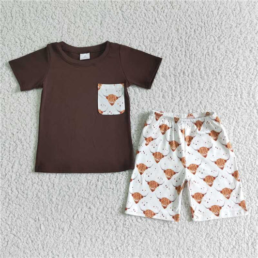 BSSO0032 Baby boys brown top western highland pocket shorts sets