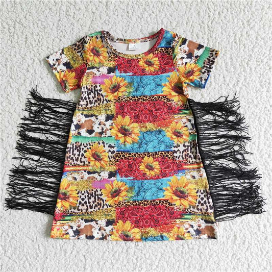 GSD0057 Sunflower cow print baby girls fringe dress