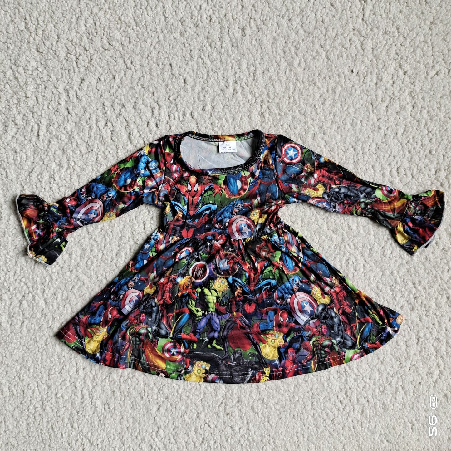 9.26 RTS NO MOQ（In stock）G3-12*' Baby Girls Winter Dress Green Monster Spider-Man flared long-sleeved dress