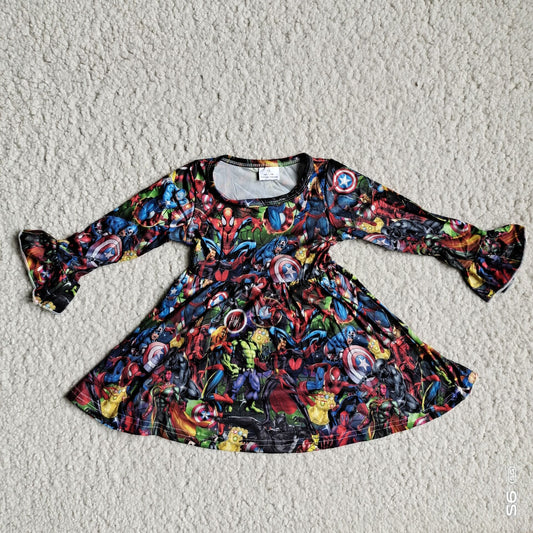 9.26 RTS NO MOQ（In stock）G3-12*' Baby Girls Winter Dress Green Monster Spider-Man flared long-sleeved dress