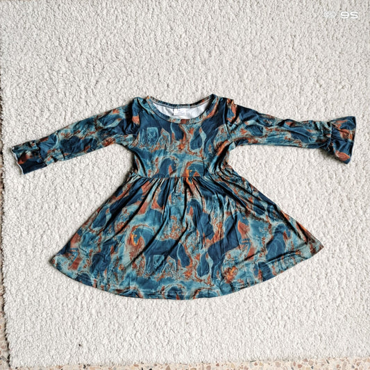 9.29 RTS NO MOQ（In stock）G3-12;* Baby Girls Winter Dress Brown and green spotted long-sleeved dress