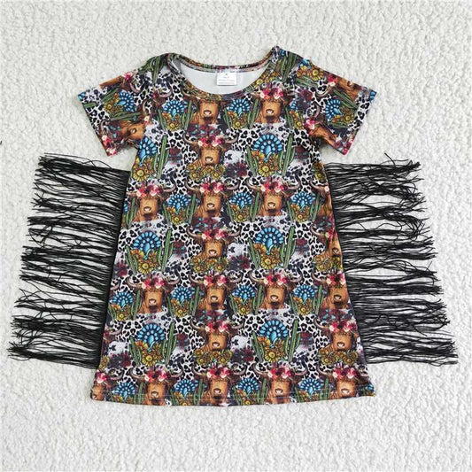 BT0007 Girls' short-sleeved leopard print sunflower tassel skirt