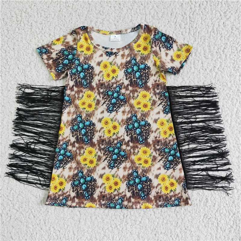 GSD0056 Girls Blue Gem Sunflower Tassel Short Sleeve Dress